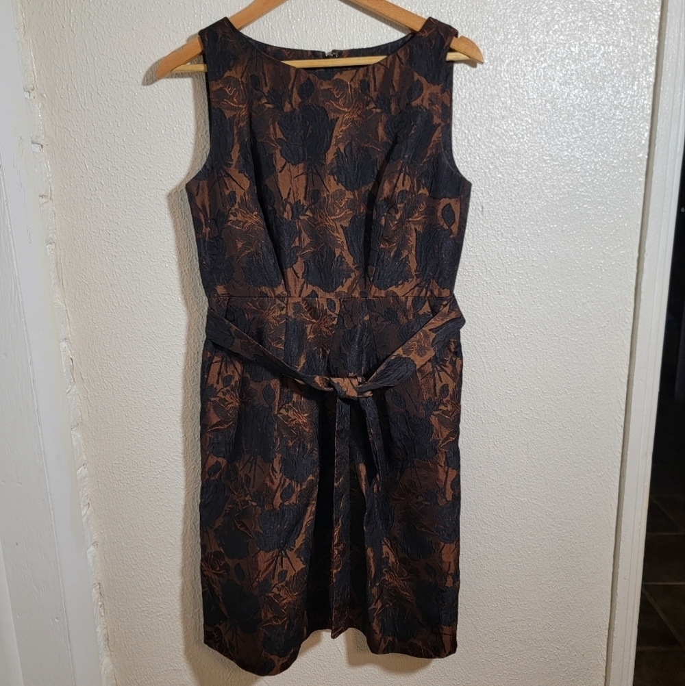 Talbots Brocade Textured Floral Belted Fit Flare Dress sz 6 Black Brown